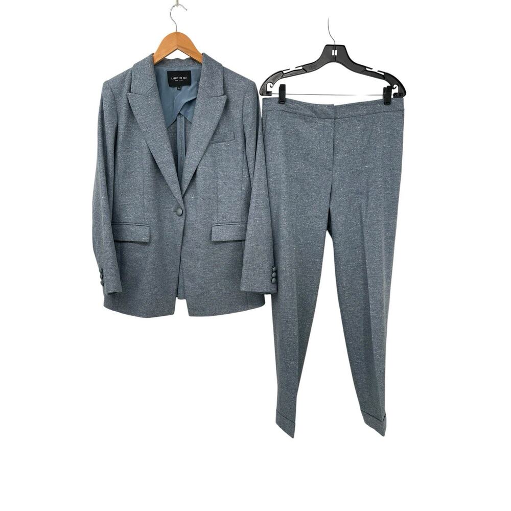 Lafayette 148 Pant Suit Blazer Blue Wool Silk Size 8